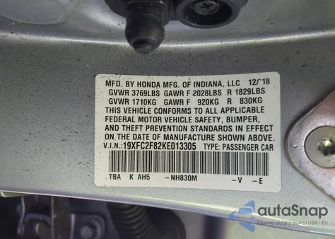 2019 Honda Civic Sport from USA, damaged, VIN 19XFC2F82KE013305